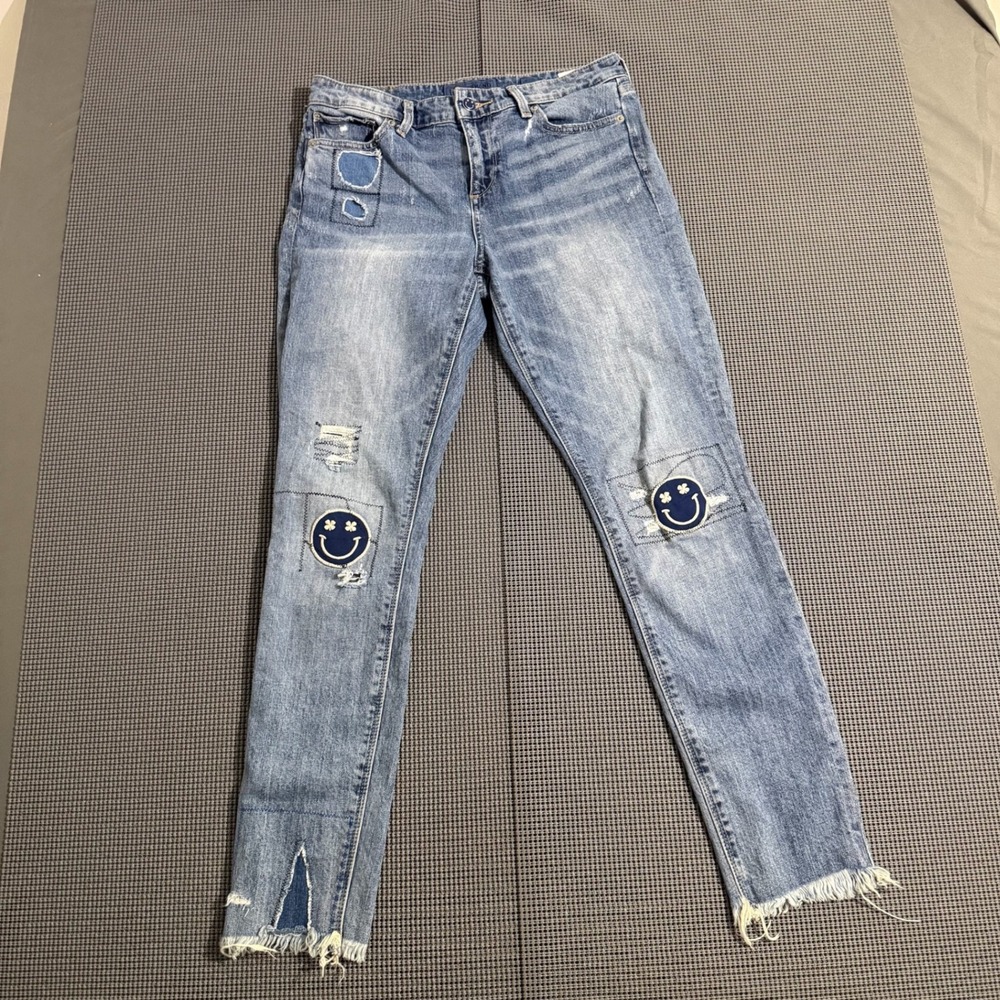 Lucky Brand Womens 4/27 Distressed Smiley Face Patchwork Straight Leg Jeans Blue